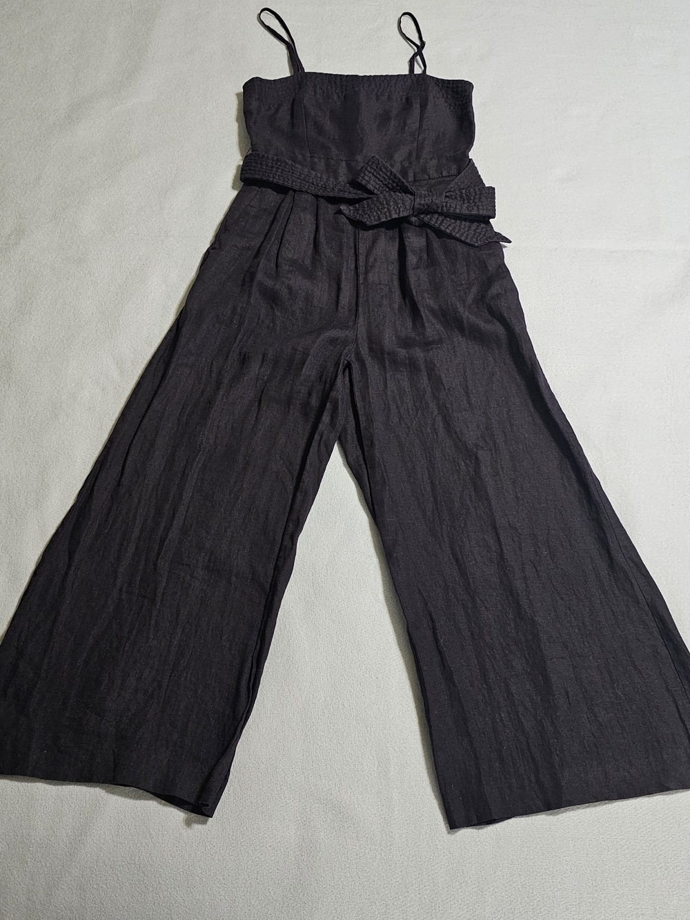J.Crew 100% Linen Wide Leg Jumpsuit Black Tie Waist Cropped Size 00 Petite - Picture 7 of 12